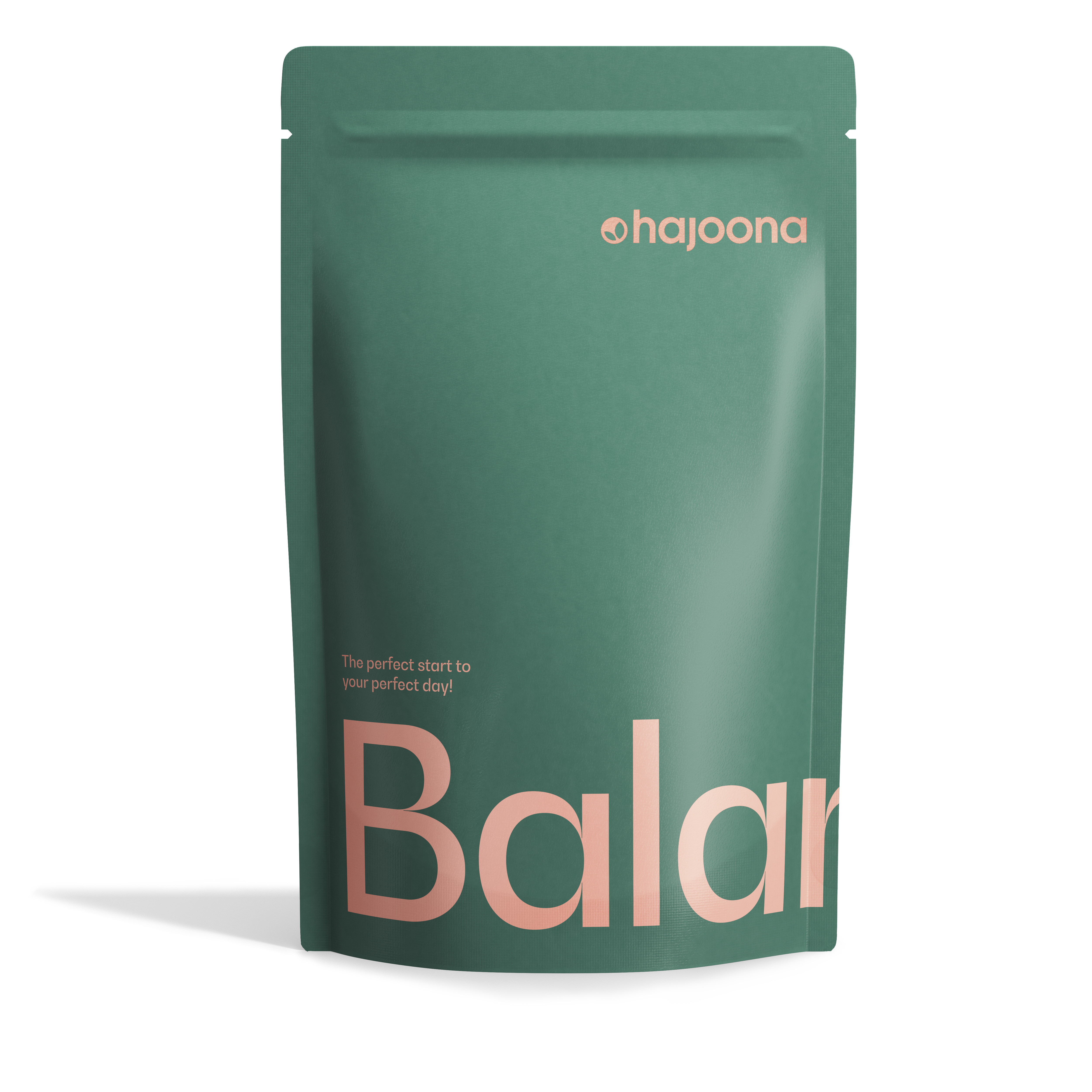 Auf dem Bild ist ein wiederverschließbarer Standbeutel von hajoona Balance zu sehen. Die Farben Grün und Peach symbolisieren Natürlichkeit und Energie.
