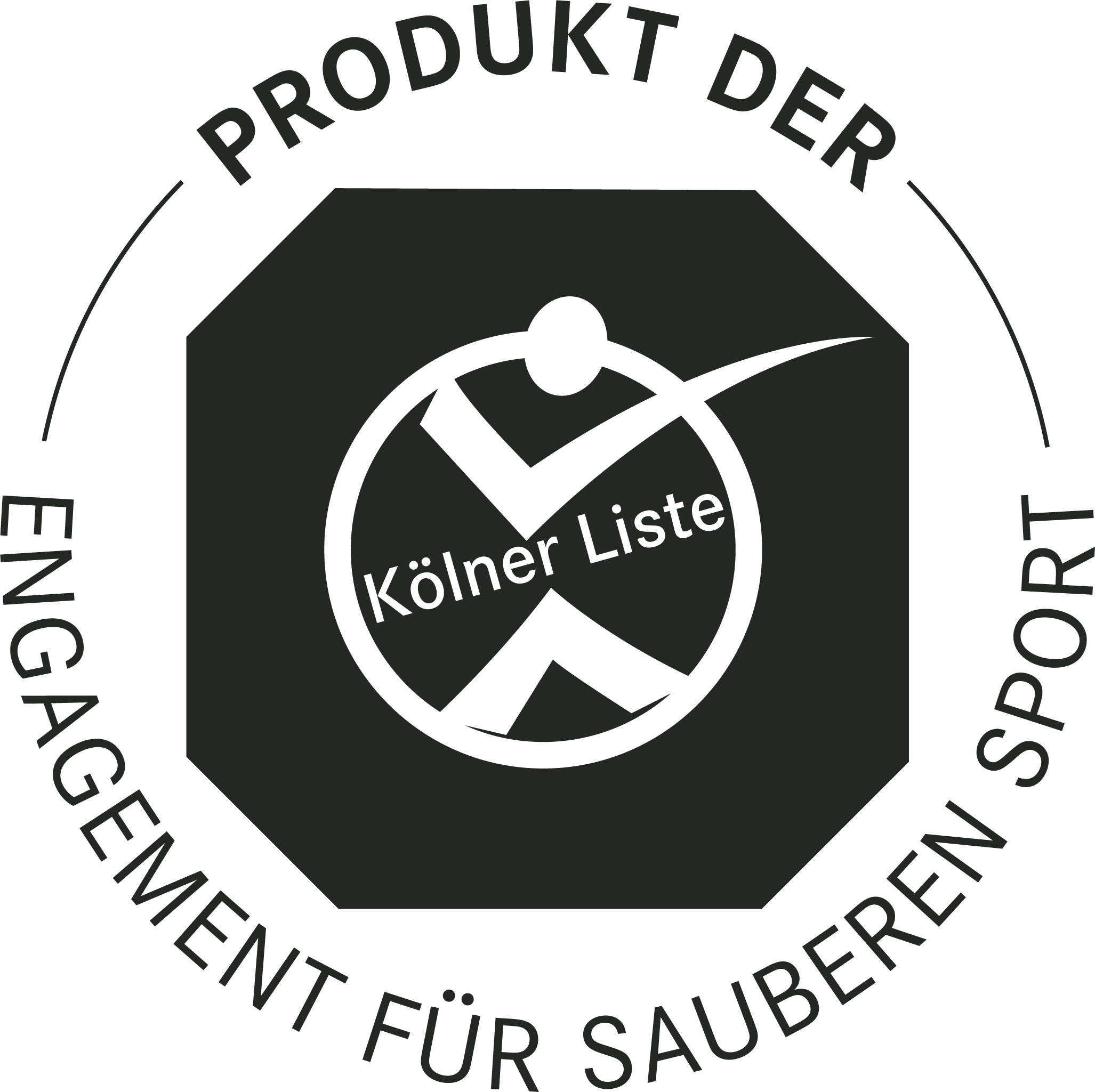 Rundes Logo mit der Aufschrift ‚Produkt der Kölner Liste – Engagement für sauberen Sport‘. In der Mitte ein stilisiertes Siegel mit einem stilisierten Sportler und dem Schriftzug ‚Kölner Liste‘.