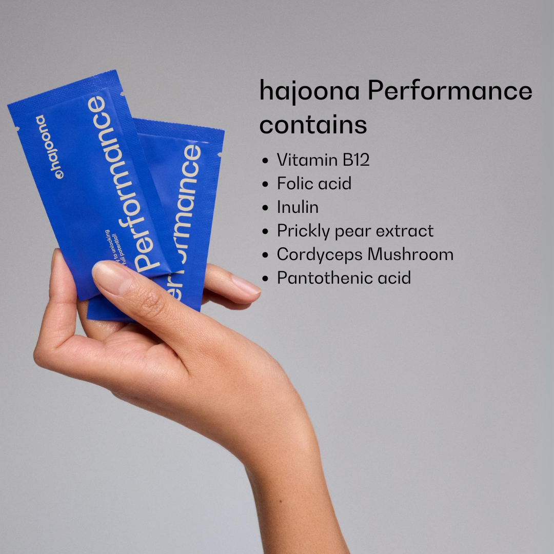 A hand holding three blue hajoona Performance Sticks. The active ingredients are listed to the right of the picture: Vitamin B12, folic acid, inulin, prickly pear extract, cordyceps mushroom and pantothenic acid.
