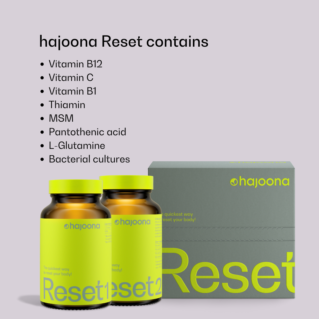 Two brown jars bearing a yellow label with the word 'Reset' stand in front of grey-green Hajoona packaging. The ingredients, which include vitamin B12, MSM, L-glutamine and bacterial cultures, are listed on the right.