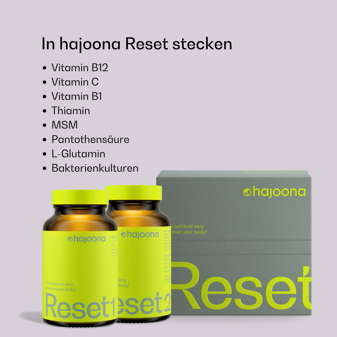 Zwei braune Gläser mit gelbem Etikett und der Aufschrift Reset stehen vor einer graugrünen hajoona Verpackung. Rechts im Bild sind Inhaltsstoffe wie Vitamin B12, MSM, L-Glutamin und Bakterienkulturen aufgelistet.