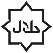 Halal-Symbol: Eine stilisierte Blume oder Sternform mit arabischen Schriftzeichen in der Mitte, die „halal“ bedeuten – kennzeichnet Produkte, die nach islamischen Ernährungsvorschriften erlaubt sind.