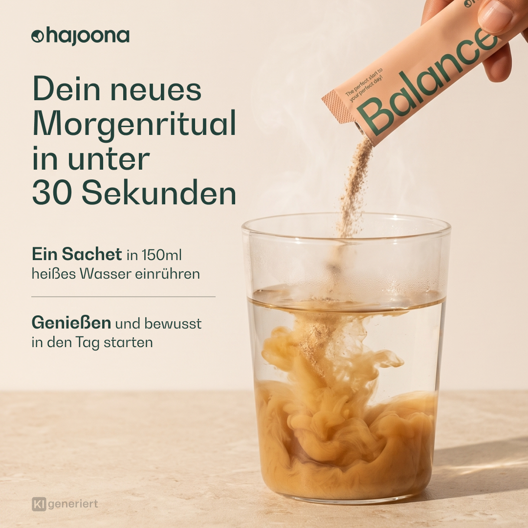 Dein neues Morgenritual in unter 30 Sekunden. Balance Sachet in heißes Wasser einrühren.